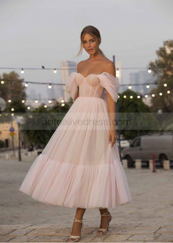 Off Shoulder Pink Dotted Tulle Fancy Party Dress